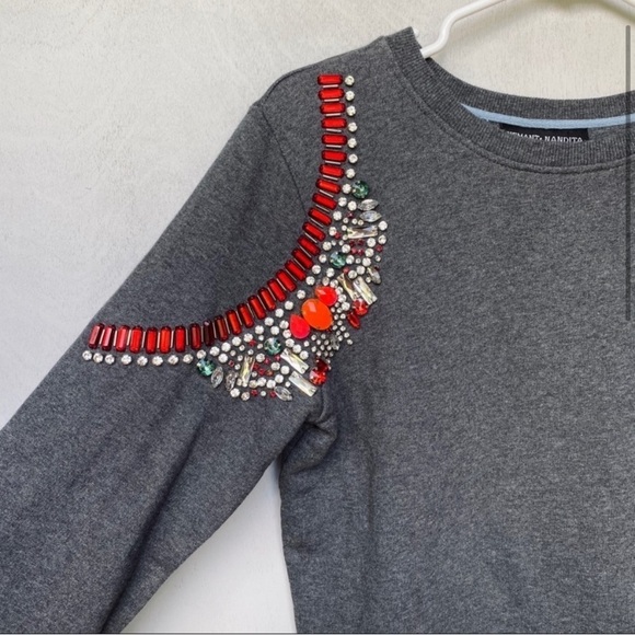 Hemant & Nandita Anthropologie Gray Embellished Sweatshirt | Crystal-Embroidered - Picture 3 of 6